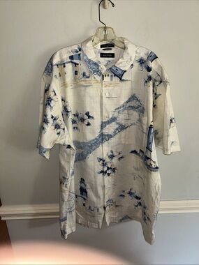 Nautica White and Blue Coastal Print Short Sleeve Button-Up Shirt